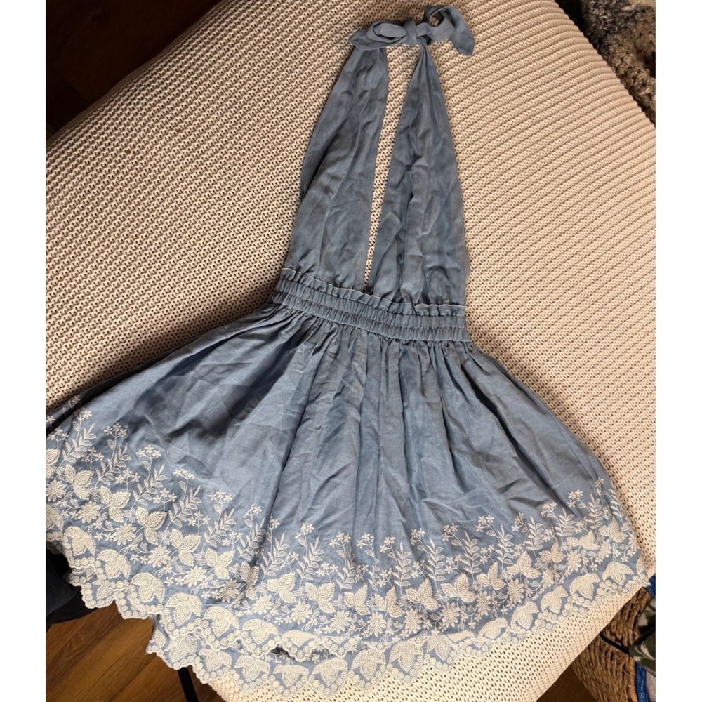 LoveShackFancy Blue Tencel Embroidered Halter Mini Dress Scalloped Hem Small